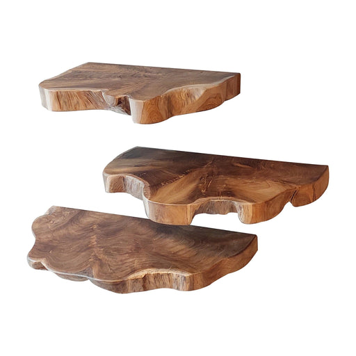 Set van 3 Wandplanken Tave - Massief teakhout met live edge - Naturel