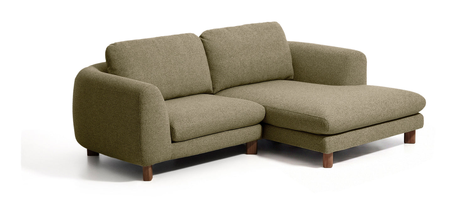 Kave Home 3-zits Loungebank Vera Rechts, 232cm, Structuurstof en bruine poten - Olijfgroen