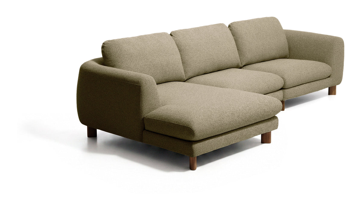 Kave Home 3-zits Hoekbank Vera Links, 232cm, Structuurstof en bruine poten - Olijfgroen