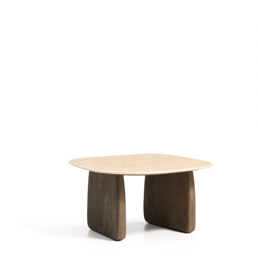 Kave Home Bijzettafel Pirita Travertin en donker eiken, 70 x 71cm - Bruin