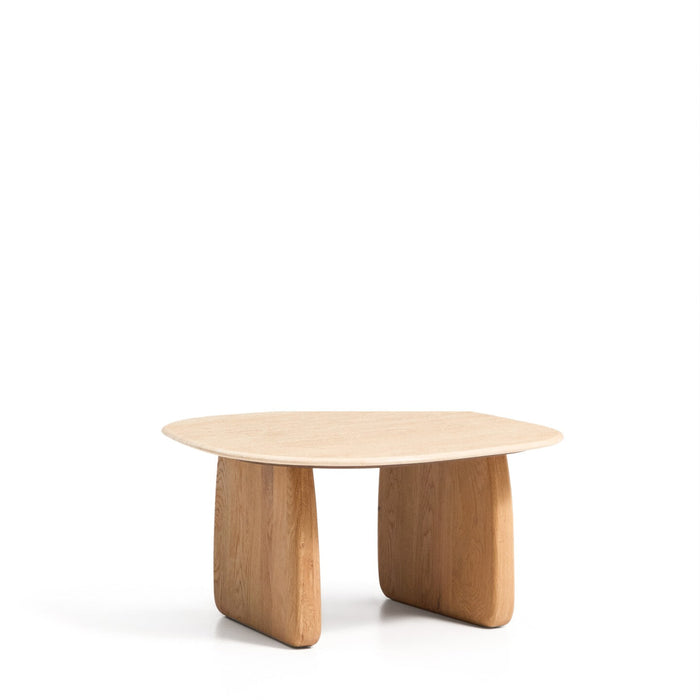 Kave Home Bijzettafel Pirita Travertin en licht eiken, 70 x 71cm - Beige