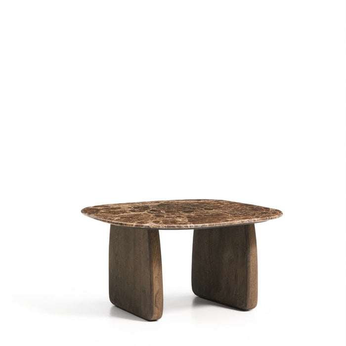 Kave Home Bijzettafel Pirita Bruin marmer en donker eiken, 70 x 71cm