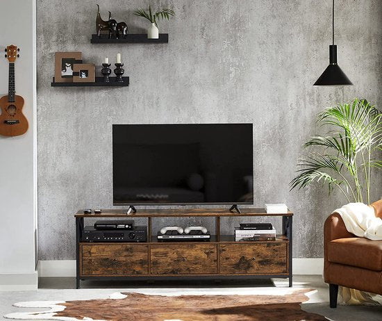 TV Meubel Tot 75 inch, Met 3 Laden, Vintage Bruin-Zwart - ThatLyfeStyle