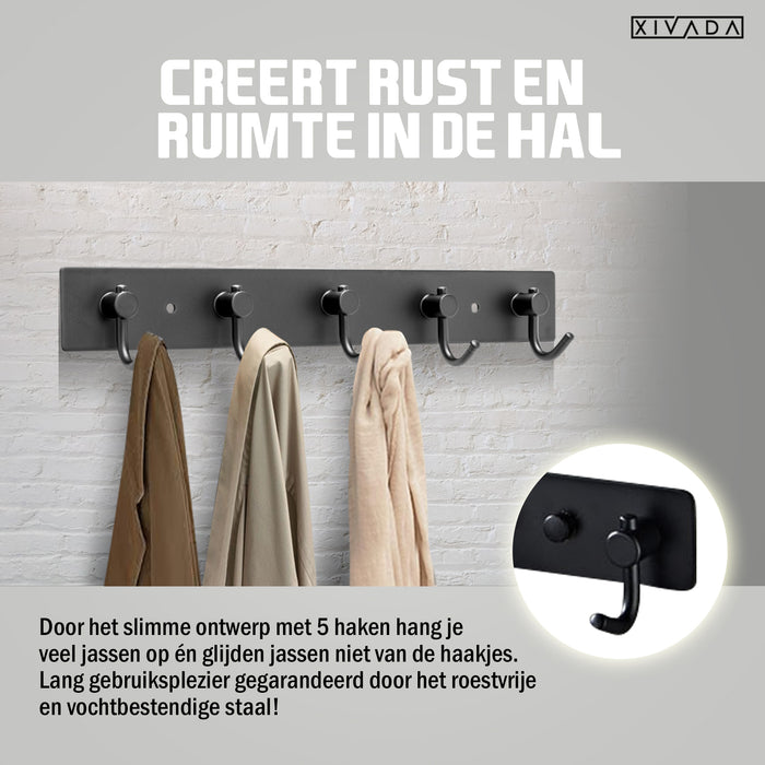 XIVADA Kapstok Hangend – 5 Haken – Model J – Aluminium – 34 cm – Zwart - ThatLyfeStyle