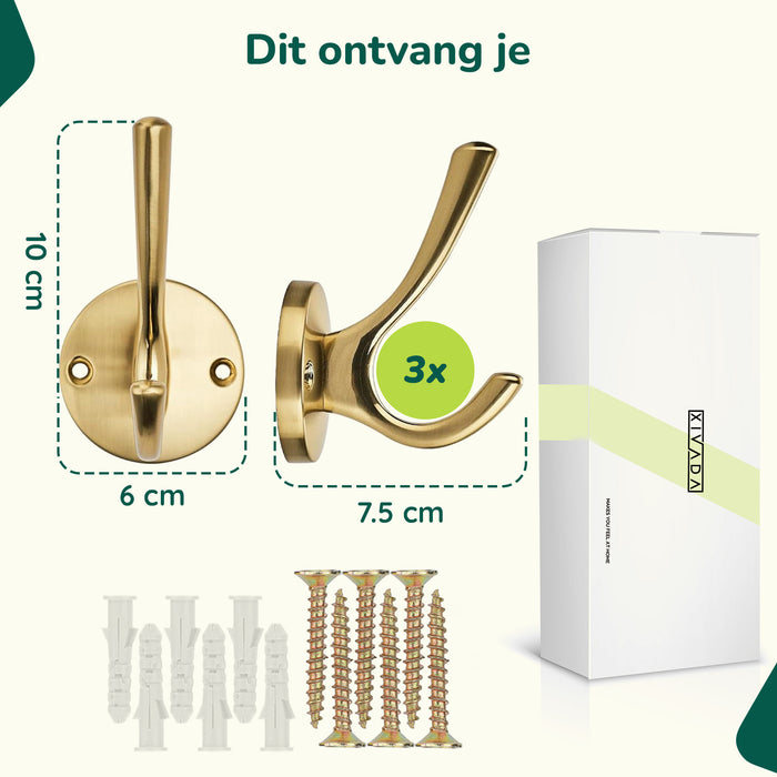 XIVADA Kapstokhaak Zena – Inclusief schroefset – Goud – Set van 3 - ThatLyfeStyle