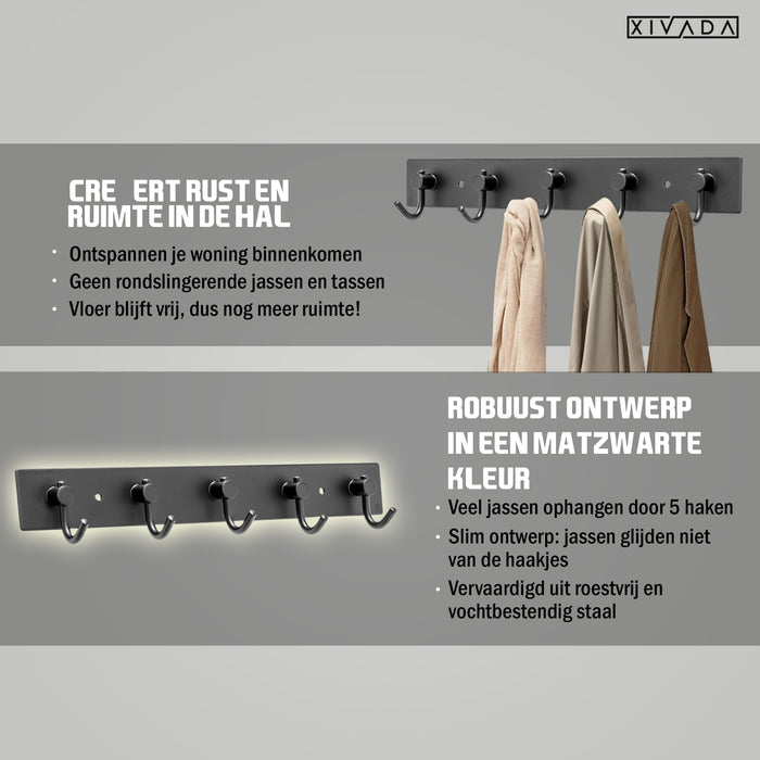 XIVADA Kapstok Hangend – 5 Haken – Model J – Aluminium – 34 cm – Zwart - ThatLyfeStyle