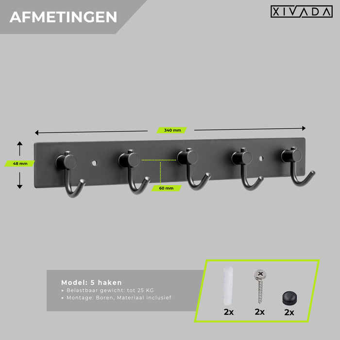 XIVADA Kapstok Hangend – 5 Haken – Model J – Aluminium – 34 cm – Zwart - ThatLyfeStyle