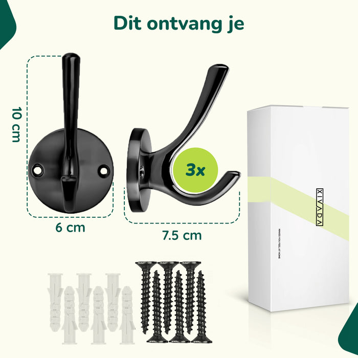 XIVADA Kapstokhaak Zena – Inclusief schroefset – Zwart – Set van 3 - ThatLyfeStyle