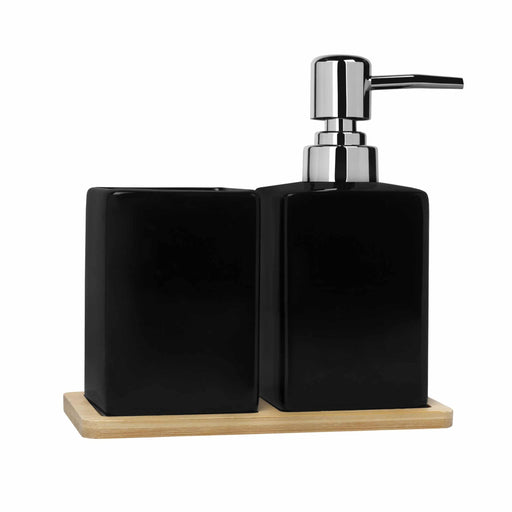 QUVIO Zeepdispenser met tandenborstelbeker + houten onderzetter - Zwart