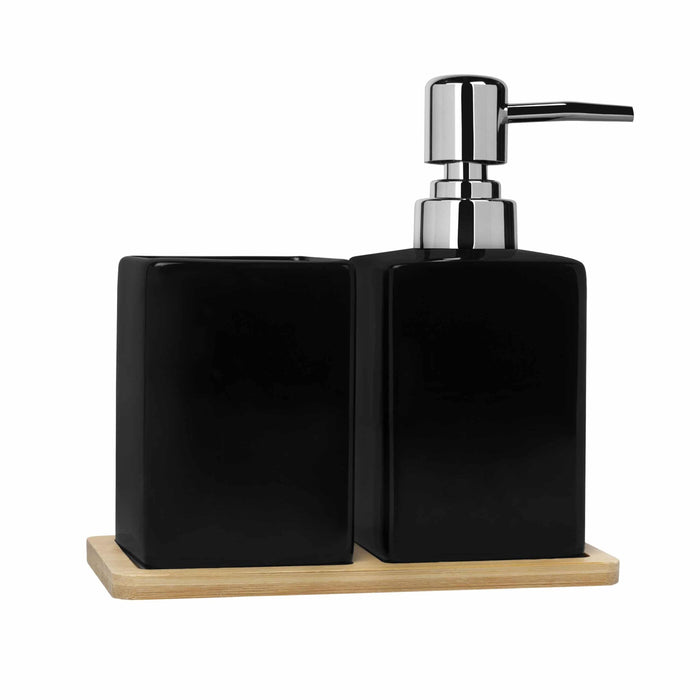 QUVIO Zeepdispenser met tandenborstelbeker + houten onderzetter - Zwart