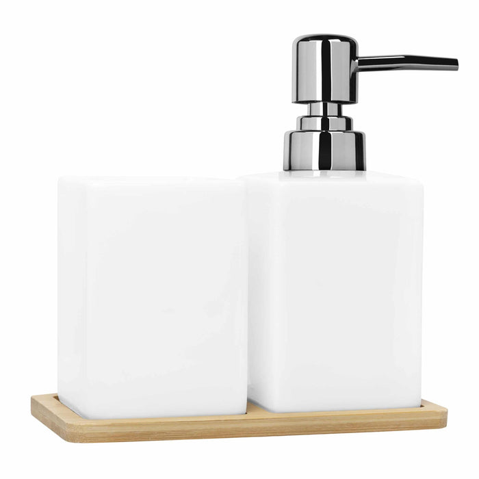 QUVIO Zeepdispenser met tandenborstelbeker + houten onderzetter - Wit