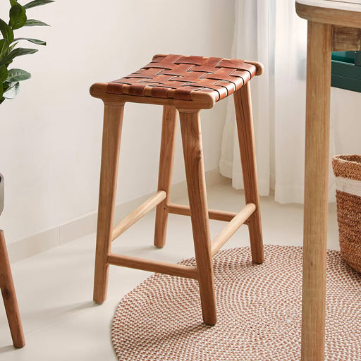 Kave Home Barkruk Calixta Hout en Leder (zithoogte 67cm) - Japandi