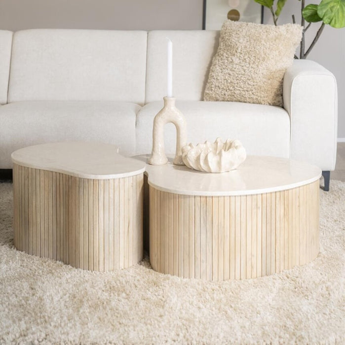 Eleonora Organische Salontafel Kira Mangohout en marmer, Set van 2 stuks - Beige - Japandi