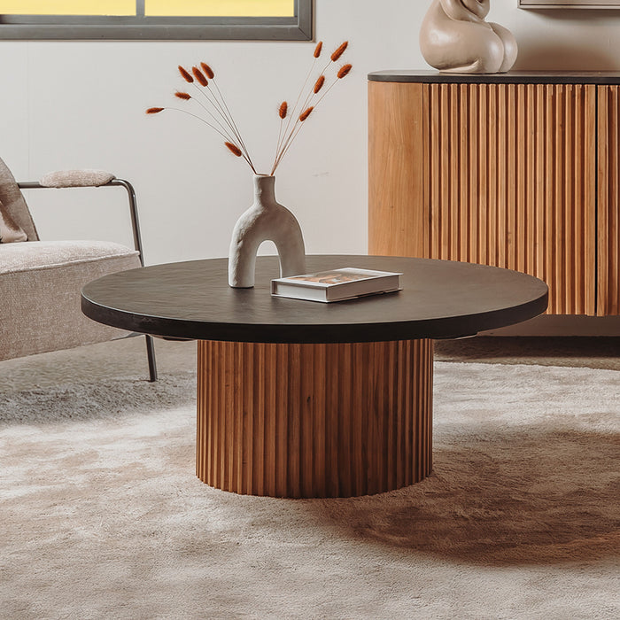 Tower Living Ronde Salontafel Palazzo Teakhout en mineraal stucwerk, 100cm - Zwart