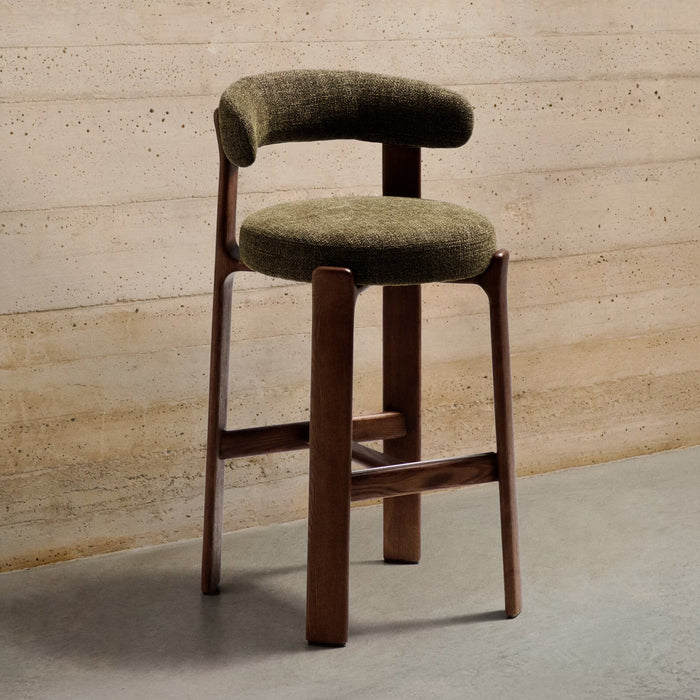 Kave Home Barkruk Granite Chenille en essenhout - Groen/Bruin (zithoogte 75cm)