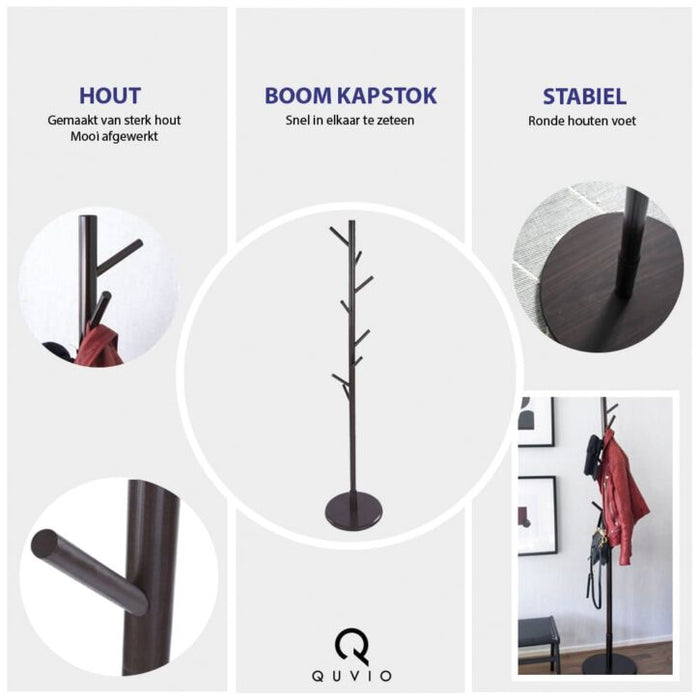 QUVIO Staande kapstok hout – 175 cm hoog – 8 ophanghaken – Bruin - ThatLyfeStyle