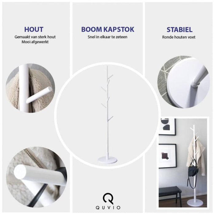 QUVIO Staande kapstok hout – 175 cm hoog – 8 ophanghaken – Wit - ThatLyfeStyle