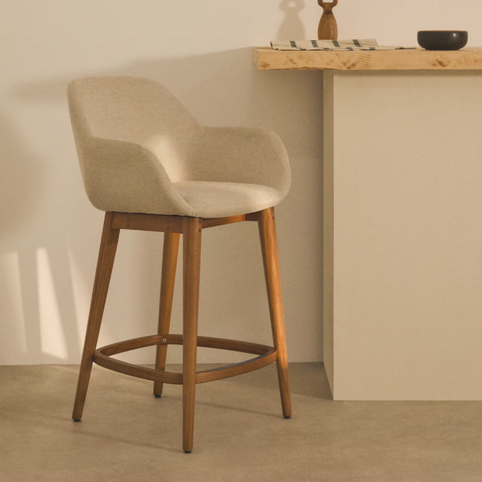 Kave Home Barkruk Konna Essenhout en stof - Beige/Bruin (zithoogte 66cm)