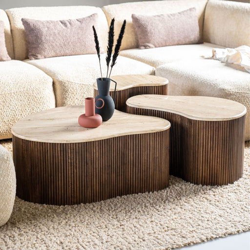 Eleonora Salontafel Mari Organisch Set van 3 stuks, Mangohout en Travertin - Bruin - Japandi - ThatLyfeStyle