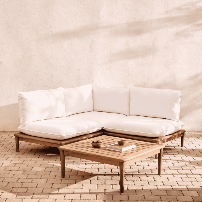 Kave Home Modulaire Loungeset Portitxol Teakhout, Met 1 hoekfauteuil, 2 fauteuils en salontafel - Wit