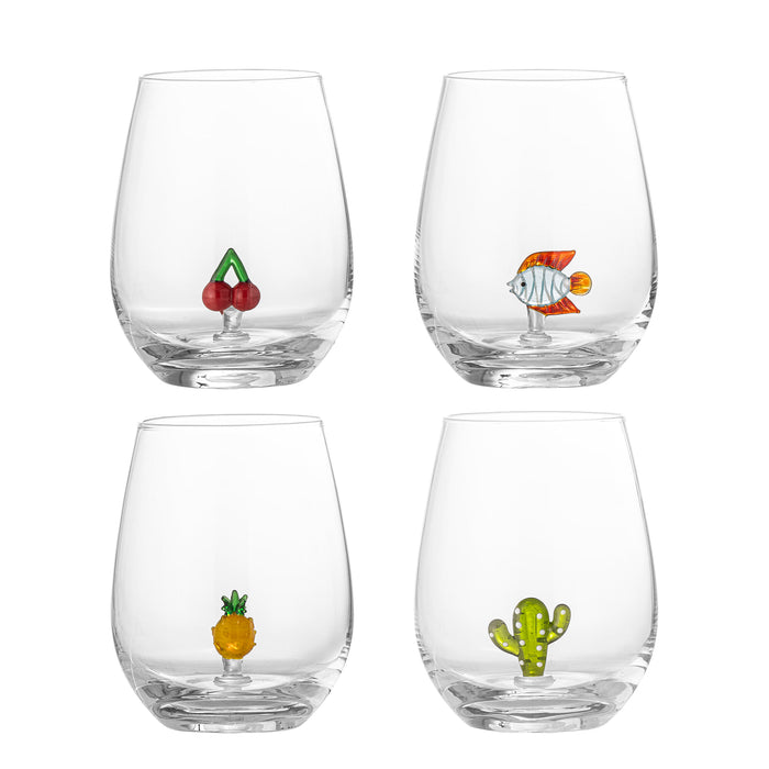 Bloomingville Drinkglas Misa Vis/Ananas/Cactus/Kers, Set van 4 stuks - Transparant