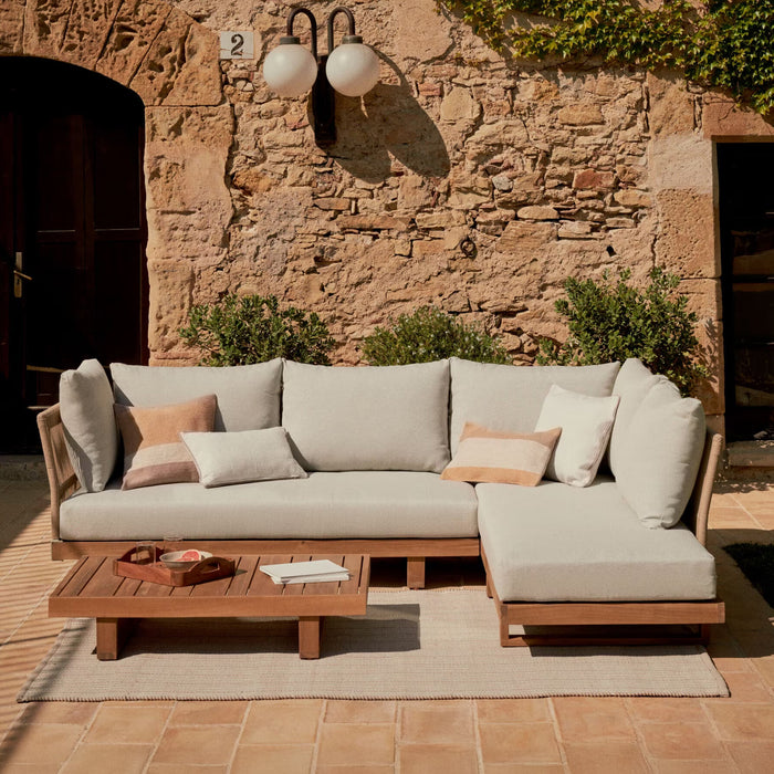 Kave Home Loungeset Raco Acaciahout, Met hoekbank en salontafel - Beige