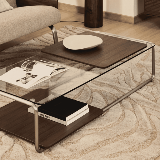Kave Home Salontafel Tarsel Glas, Geborsteld RVS en walnootfineer, 140 x 60cm - Bruin