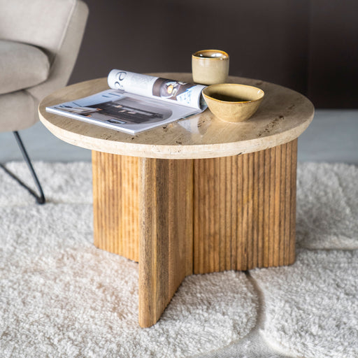 Eleonora Ronde Bijzettafel Sara Mangohout en travertin, 60cm - Bruin - Japandi