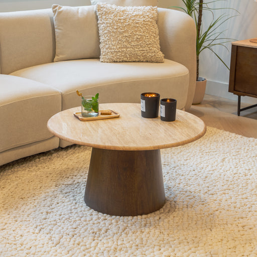 Livingfurn Ronde Salontafel Valentino Mangohout en Travertin, 75cm - Bruin - Japandi
