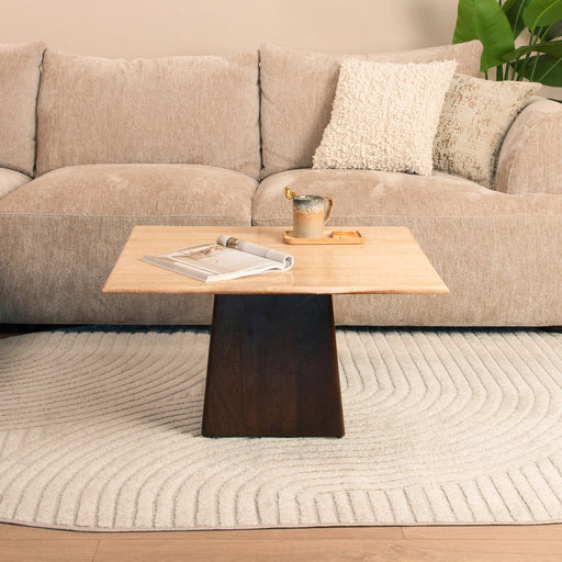 Livingfurn Salontafel Valentino Mangohout en Travertin, 75 x 75cm - Bruin - Vierkant - Japandi