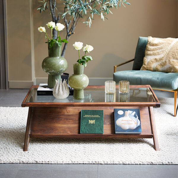 Light & Living Salontafel Yuki Acaciahout en glas, 112 x 70cm - Bruin