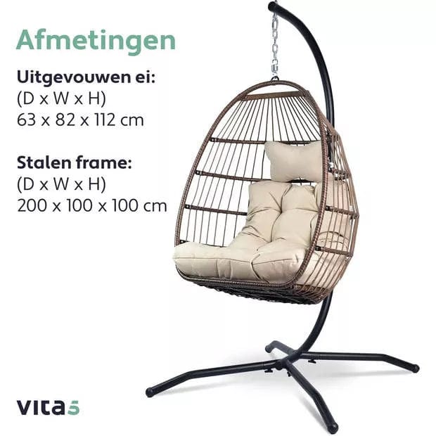 Vita5 Egg Hangstoel - Voor Binnen en Buiten - tot 150kg - Opvouwbaar - Incl. Standaard & Kussen - Cocoon Stoel - ThatLyfeStyle