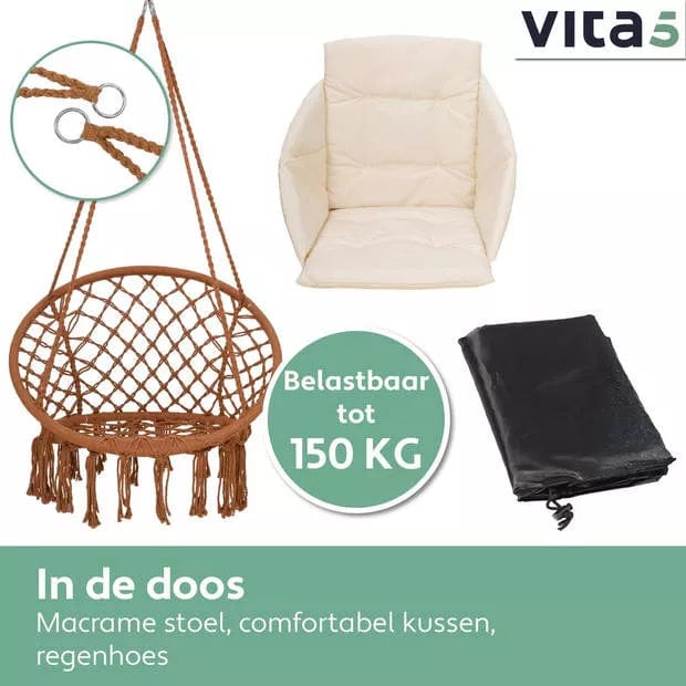 Vita5 Macramé Hangstoel - Voor Binnen en Buiten - Zonder Standaard - Incl. Kussen, Boekenvak en Beschermhoes - - ThatLyfeStyle