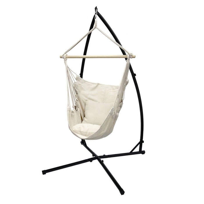 Hangstoel van katoen/hard hout, beige, belastbaar tot 120 kg met metalen frame 210 cm incl. twee kussens