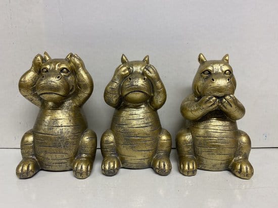 Gouden Nijlpaarden " horen, zien & zwijgen" beeldjes - goud - set van 3 - 13 cm hoog - polyresin – decoratief - ThatLyfeStyle
