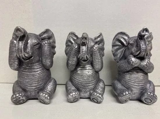 Zilveren olifanten " horen, zien & zwijgen" beeldjes - zilver - set van 3 - 13 cm hoog - polyresin - decoratief - ThatLyfeStyle