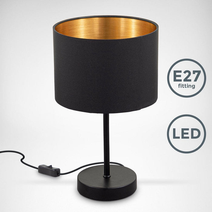 B.K.Licht - Zwart Gouden Tafellamp - metaal & stof - met kap - voor binnen - industriële bedlamp - slaapkamer lamp - E27 fitting - excl. lichtbron - ThatLyfeStyle