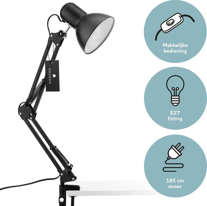 Bureaulamp Leeslamp Tafellamp met schroefklem - E27 fitting - zwart - ThatLyfeStyle