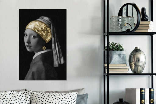 Canvas Schilderij - Meisje met de parel - Johannes Vermeer - Goud - 40x60 cm - Wanddecoratie - Woonkamer - Hout Frame - Slaapkamer - ThatLyfeStyle