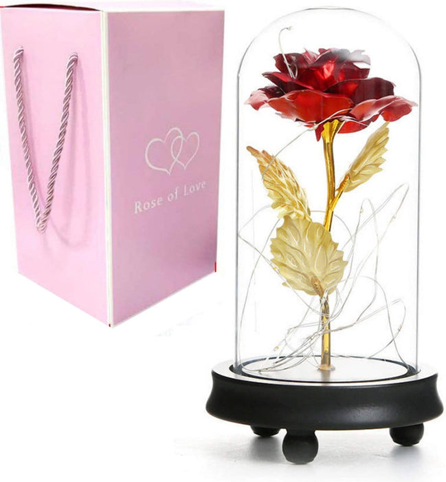 Gouden Roos in glazen stolp met LED - incl Gratis Giftbox - Cadeau voor haar - Valentijn - Moederdag Cadeautje - Decoratie - Liefde - ThatLyfeStyle