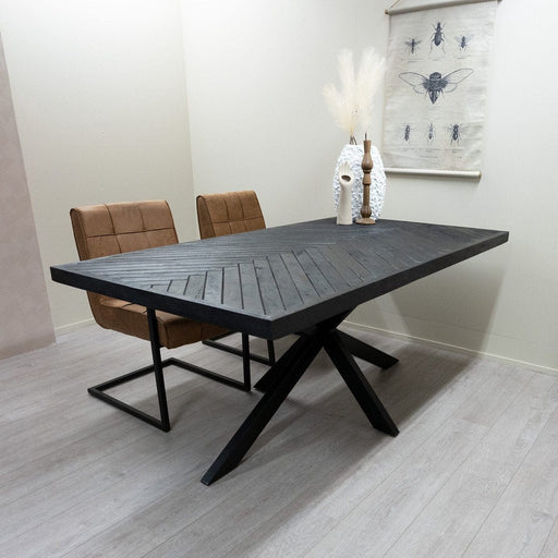 HUUS Eettafel Floor - Gemaakt van Mangohout - Visgraat - Zwart - Spinpoot- 240 cm - ThatLyfeStyle