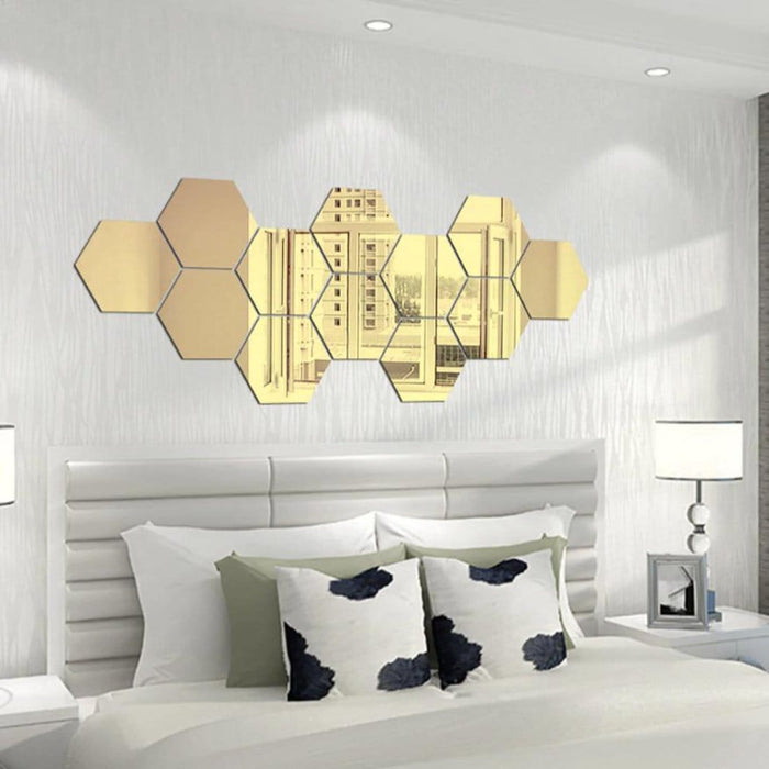 Hexagon Plakspiegel - Zeskant - Goud - 12 stuks - 18x16cm - Acryl Wandspiegel - Sticker Spiegel - Zeshoek Zeskant - Woonkamer - Gadgetpanda - ThatLyfeStyle