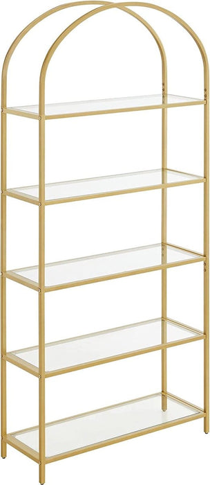 Hoppa! Planchet, boekenkast met 5 niveaus, staand rek van gehard glas, opslagplank, gewelfd, metalen structuur, voor woonkamer, slaapkamer, studeerkamer, badkamer, goudkleur - ThatLyfeStyle