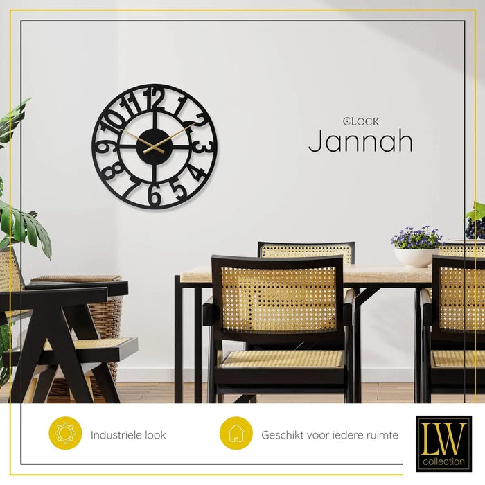 LW Collection Wandklok zwart Jannah 60cm - Grote moderne wandklok zwart met gouden wijzers industrieel - Industriële muurklok metaal - ThatLyfeStyle