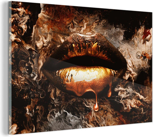 Canvas Schilderij Goud - Lippen - Kunst - 120x80 cm - Wanddecoratie - Canvas lippenstift - ThatLyfeStyle