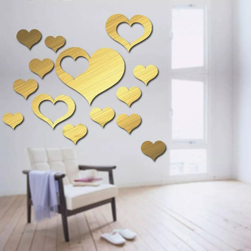 Zelfklevende 3D Harten Spiegel Stickers - Wand Decoratie Love Hearts - Spiegelende Tegelstickers Muurstickers - 3D Spiegelstickers - Goud Kleurig - ThatLyfeStyle